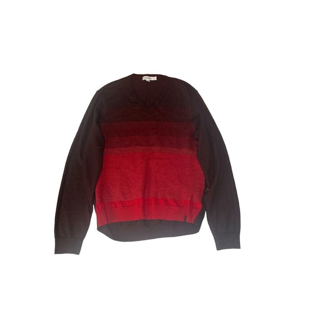 Calvin Klein V‎ Neck Merino Wool Sweater Size Large Preppy Ombre Stripe